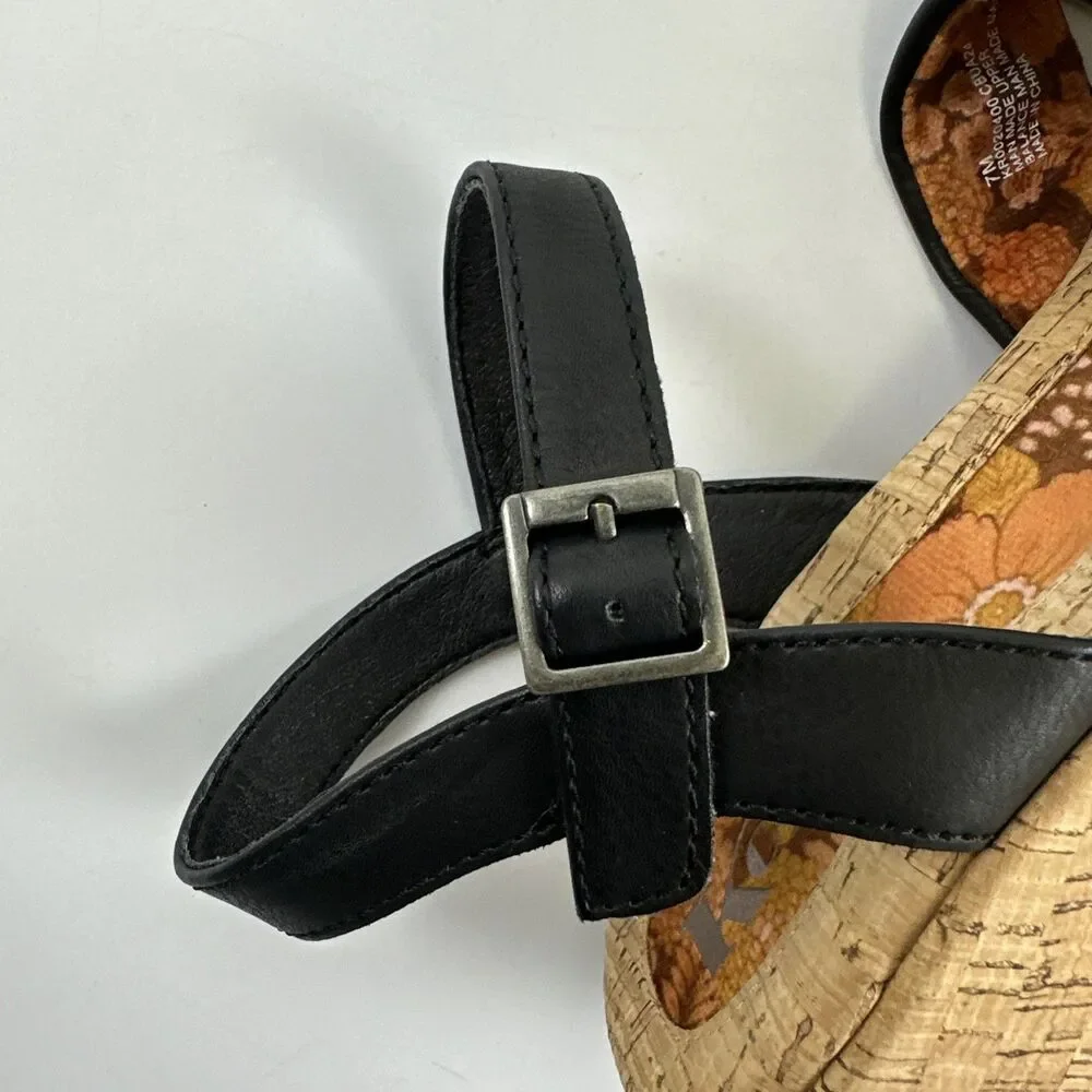 Korks Calda‎ Platform Sandal Black Leather Ankle Buckle Strap Cork Heel Womens 7